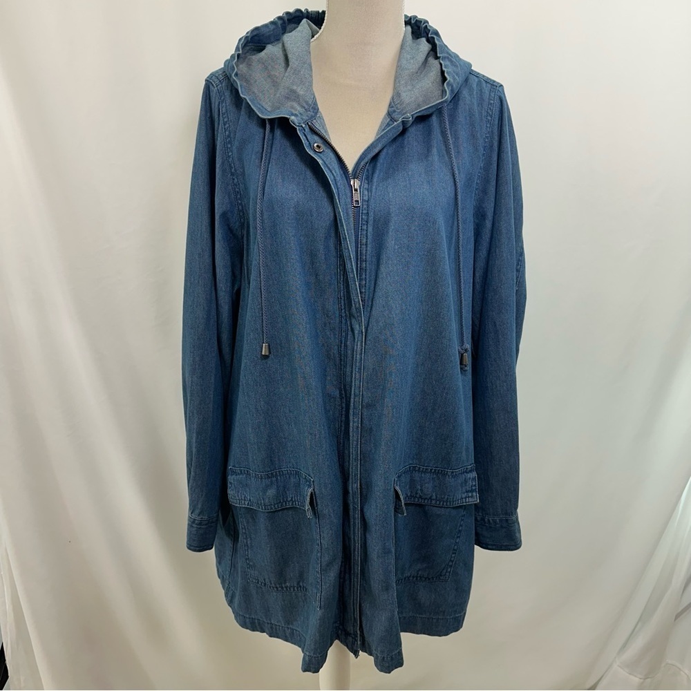 Woman Within Denim Womens Zip Snap Jacket Hood Pockets Long Sleeve L 18/20